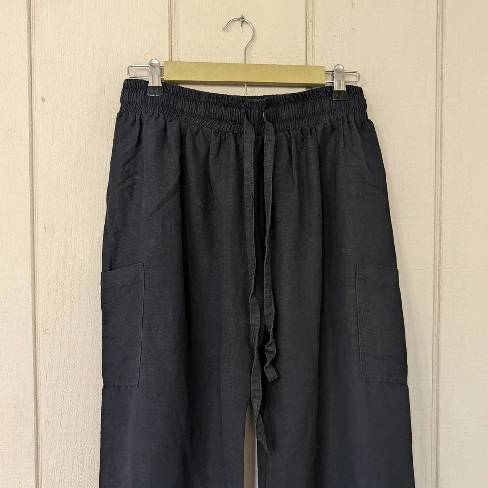 Morijana Jackie Black Linen Blend Wide Leg Cargo Pants Lagenlook Coastal S - Picture 3 of 11